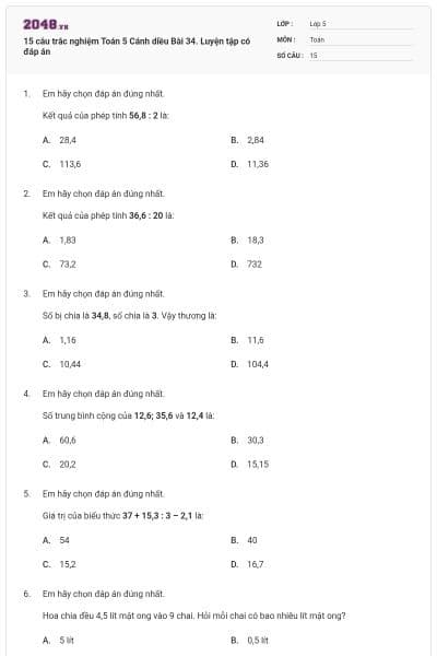 15 câu trắc nghiệm Toán 5 Cánh diều Bài 34. Luyện tập có đáp án