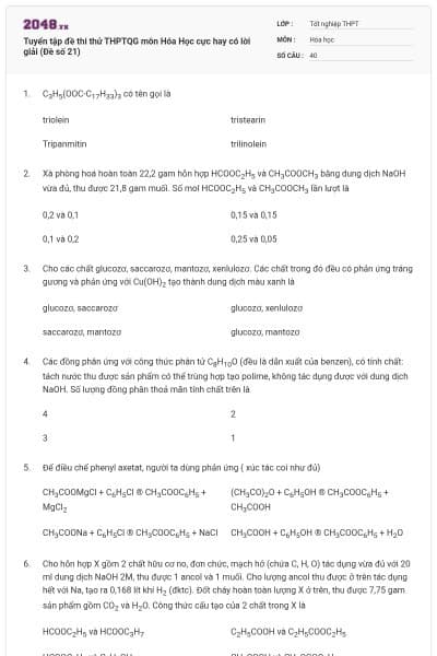 Tuyển tập đề thi thử THPTQG môn Hóa Học cực hay có lời giải (Đề số 21)