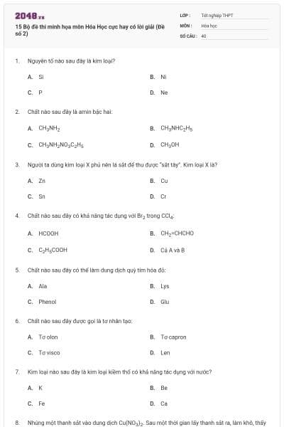 15 Bộ đề thi minh họa môn Hóa Học cực hay có lời giải (Đề số 2)