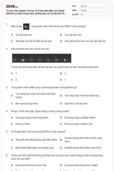 15 câu Trắc nghiệm Tin học 10 Cánh diều Một số kĩ thuật thiết kế sử dụng vùng chọn, đường dẫn và các lớp ảnh có đáp án (Phần 2)
