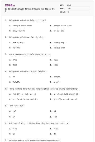 Bộ đề kiểm tra chuyên đề Toán 8 Chương 1 có đáp án - Đề 6