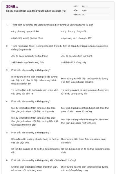 50 câu trắc nghiệm Dao động và Sóng điện từ cơ bản (P2)