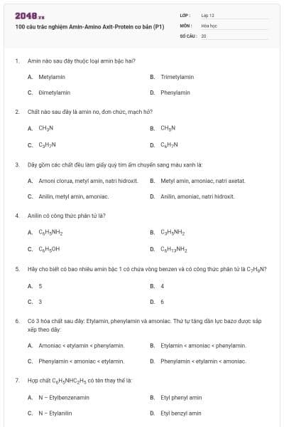 100 câu trắc nghiệm Amin-Amino Axit-Protein cơ bản (P1)