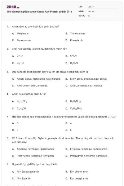 100 câu trắc nghiệm Amin-Amino Axit-Protein cơ bản (P1)