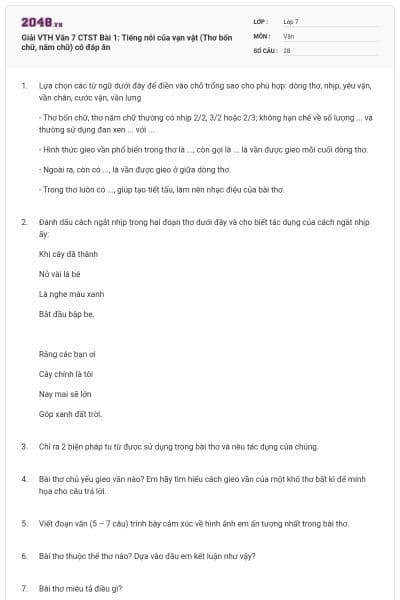 Giải VTH Văn 7 CTST Bài 1: Tiếng nói của vạn vật (Thơ bốn chữ, năm chữ) có đáp án