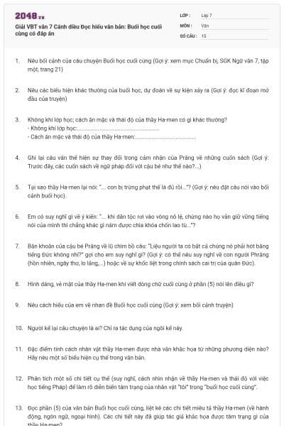 Giải VBT văn 7 Cánh diều Đọc hiểu văn bản: Buổi học cuối cùng có đáp án