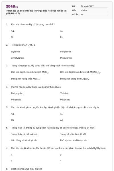 Tuyển tập 20 bộ đề thi thử THPTQG Hóa Học cực hay có lời giải (Đề số 7)