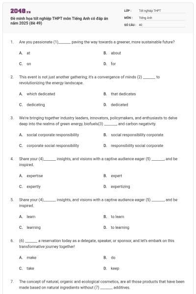 Đề minh họa tốt nghiệp THPT môn Tiếng Anh có đáp án năm 2025 (Đề 49)