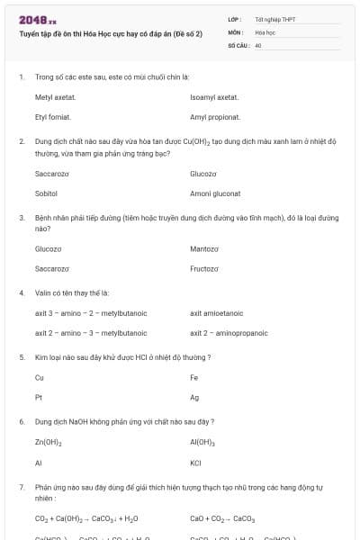 Tuyển tập đề ôn thi Hóa Học cực hay có đáp án (Đề số 2)