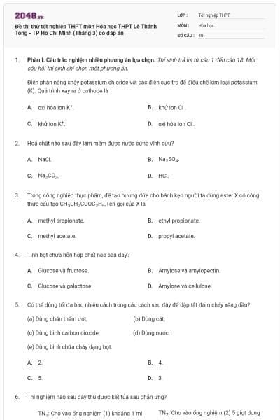 Đề thi thử tốt nghiệp THPT môn Hóa học THPT Lê Thánh Tông - TP Hồ Chí Minh (Tháng 3) có đáp án
