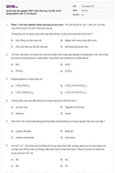 Đề thi thử tốt nghiệp THPT môn Hóa học Sở GD và ĐT Quảng Bình ( lần 1) có đáp án