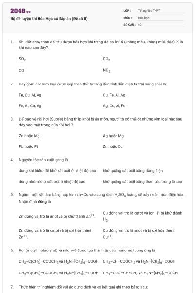 Bộ đề luyện thi Hóa Học có đáp án (Đề số 8)
