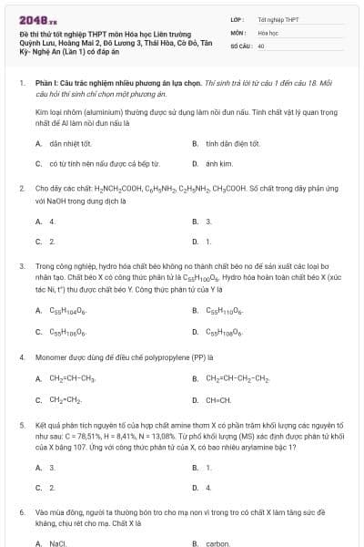 Đề thi thử tốt nghiệp THPT môn Hóa học Liên trường Quỳnh Lưu, Hoàng Mai 2, Đô Lương 3, Thái Hòa, Cờ Đỏ, Tân Kỳ- Nghệ An (Lần 1) có đáp án