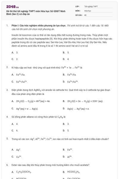 Đề thi thử tốt nghiệp THPT môn Hóa học Sở GDĐT Ninh Bình (lần 2) có đáp án