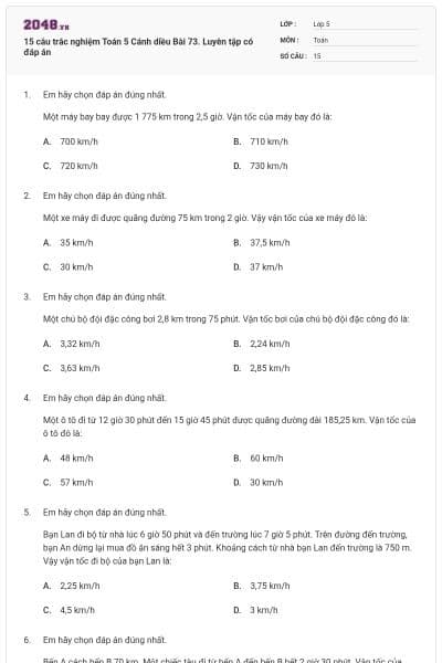 15 câu trắc nghiệm Toán 5 Cánh diều Bài 73. Luyên tập có đáp án