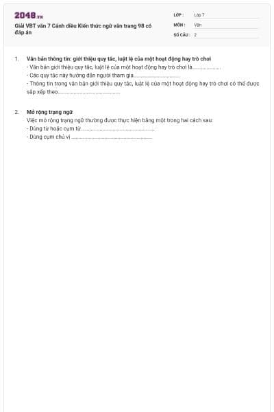 Giải VBT văn 7 Cánh diều Kiến thức ngữ văn trang 98 có đáp án