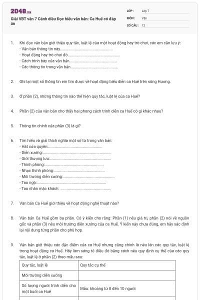 Giải VBT văn 7 Cánh diều Đọc hiểu văn bản: Ca Huế có đáp án