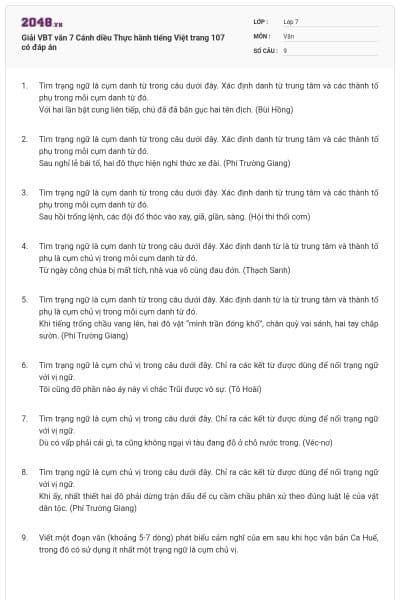 Giải VBT văn 7 Cánh diều Thực hành tiếng Việt trang 107 có đáp án