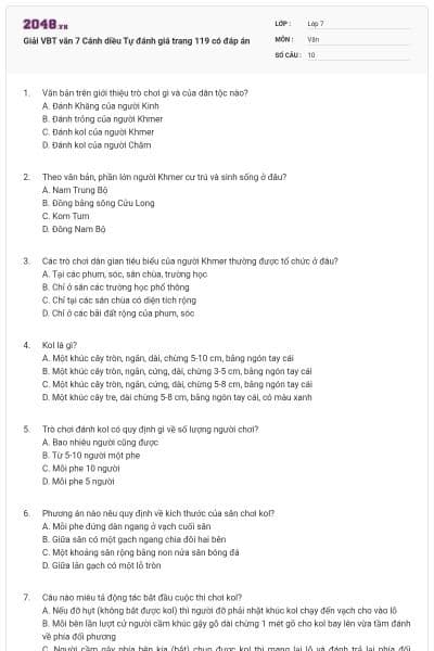 Giải VBT văn 7 Cánh diều Tự đánh giá trang 119 có đáp án