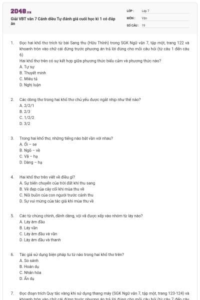 Giải VBT văn 7 Cánh diều Tự đánh giá cuối học kì 1 có đáp án