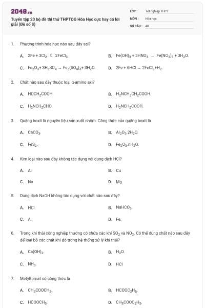 Tuyển tập 20 bộ đề thi thử THPTQG Hóa Học cực hay có lời giải (Đề số 8)