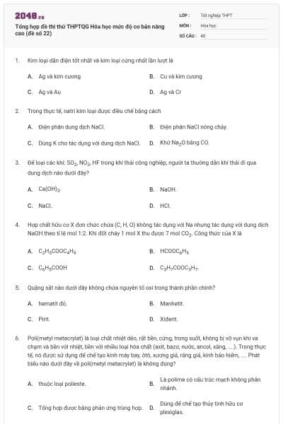 Tổng hợp đề thi thử THPTQG Hóa học mức độ cơ bản nâng cao (đề số 22)