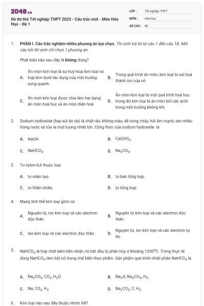 Đề thi thử Tốt nghiệp THPT 2025 - Cấu trúc mới - Môn Hóa Học - Đề 1