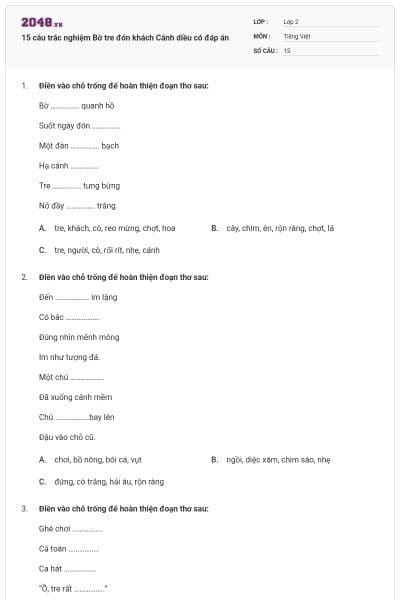 15 câu trắc nghiệm Bờ tre đón khách Cánh diều có đáp án