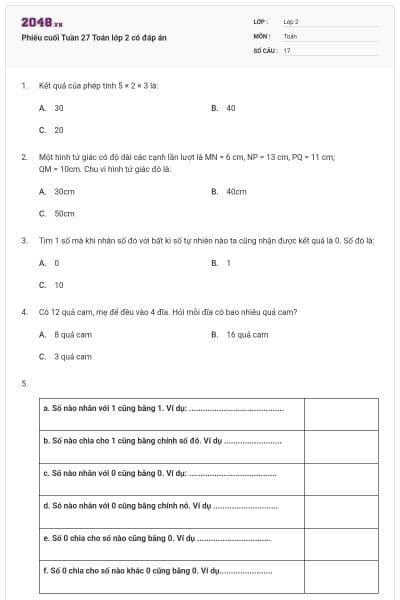 Phiếu cuối Tuần 27 Toán lớp 2 có đáp án