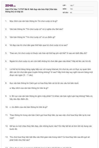 Giải VTH Văn 7 CTST Bài 8: Nét đẹp văn hóa Việt (Văn bản thông tin) có đáp án