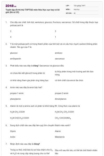 Tuyển tập đề thi thử THPTQG môn Hóa Học cực hay có lời giải (Đề số 20)