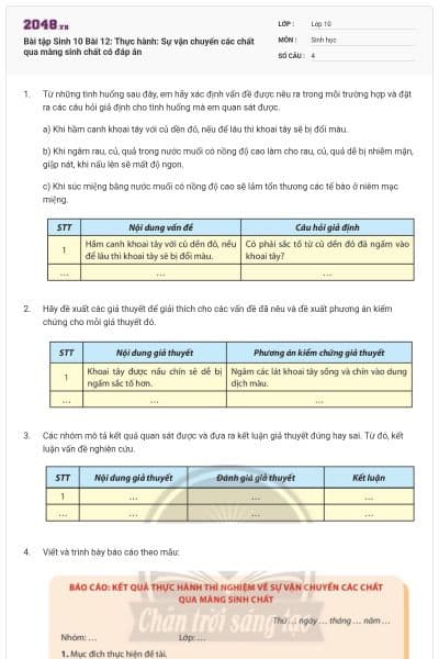 Bài tập Sinh 10 Bài 12: Thực hành: Sự vận chuyển các chất qua màng sinh chất có đáp án
