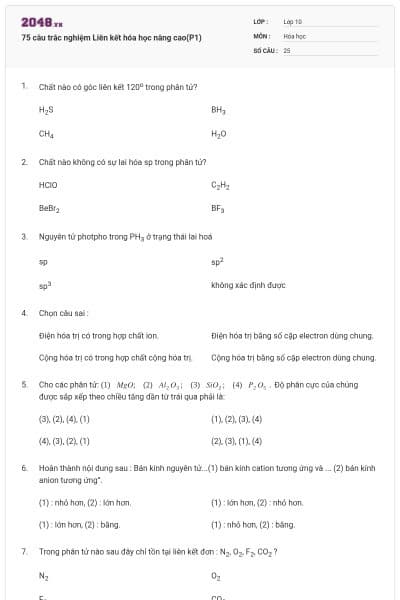 75 câu trắc nghiệm Liên kết hóa học nâng cao(P1)
