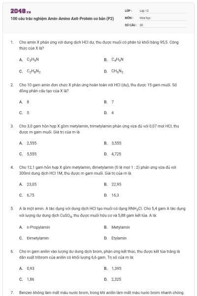 100 câu trắc nghiệm Amin-Amino Axit-Protein cơ bản (P2)
