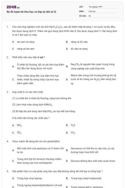Bộ đề luyện thi Hóa Học có đáp án (Đề số 9)