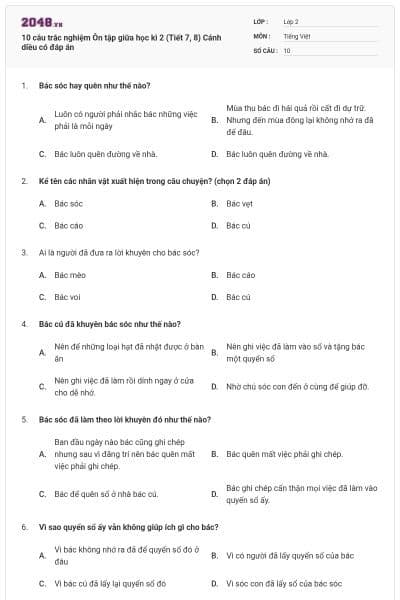 10 câu trắc nghiệm Ôn tập giữa học kì 2 (Tiết 7, 8) Cánh diều có đáp án