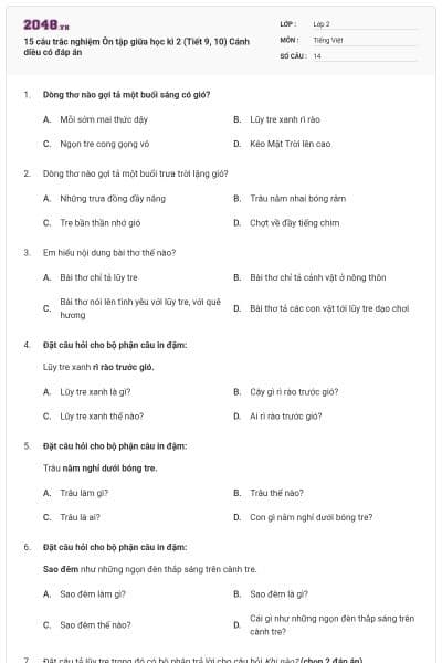 15 câu trắc nghiệm Ôn tập giữa học kì 2 (Tiết 9, 10) Cánh diều có đáp án