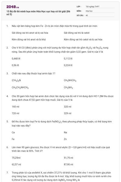 15 Bộ đề thi minh họa môn Hóa Học cực hay có lời giải (Đề số 5)