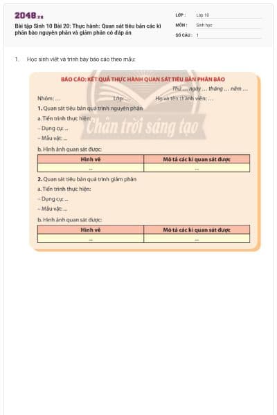 Bài tập Sinh 10 Bài 20: Thực hành: Quan sát tiêu bản các kì phân bào nguyên phân và giảm phân có đáp án