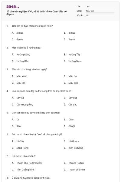 10 câu trắc nghiệm Viết, vẽ về thiên nhiên Cánh diều có đáp án