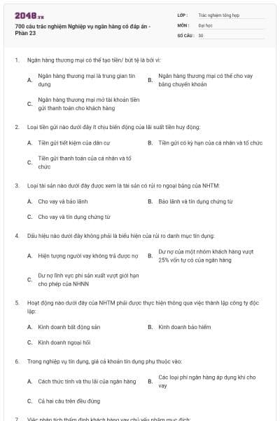 700 câu trắc nghiệm Nghiệp vụ ngân hàng có đáp án - Phần 23