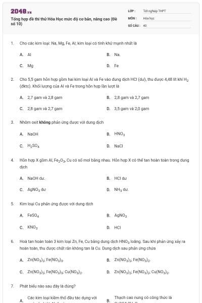Tổng hợp đề thi thử Hóa Học mức độ cơ bản, nâng cao (Đề số 10)