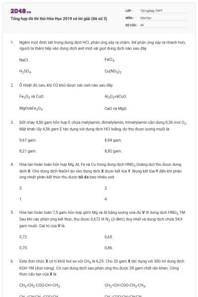 Tổng hợp đề thi thử Hóa Học 2019 có lời giải (Đề số 3)