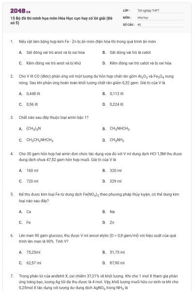 15 Bộ đề thi minh họa môn Hóa Học cực hay có lời giải (Đề số 5)