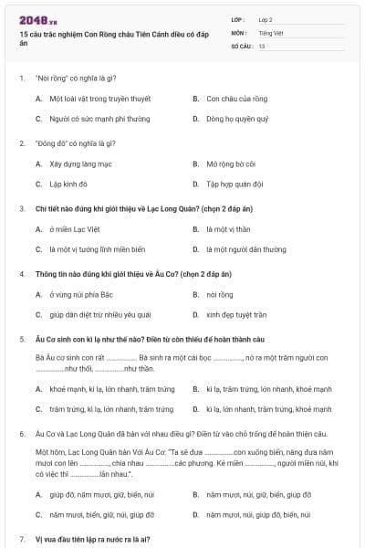 15 câu trắc nghiệm Con Rồng cháu Tiên Cánh diều có đáp án