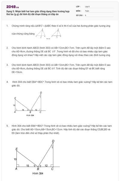 Dạng 5: Nhận biết hai tam giác đồng dạng theo trường hợp thứ ba (g.g) để tính độ dài đoạn thẳng có đáp án