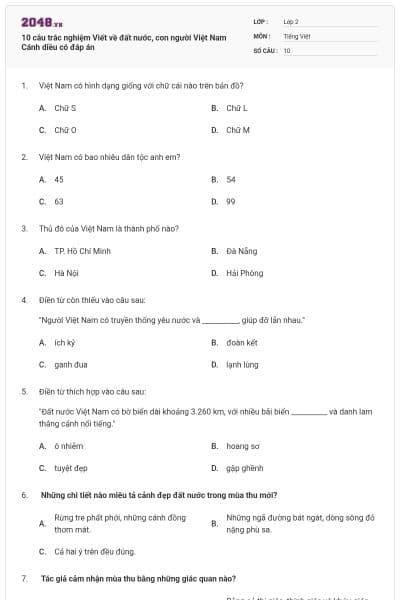 10 câu trắc nghiệm Viết về đất nước, con người Việt Nam Cánh diều có đáp án