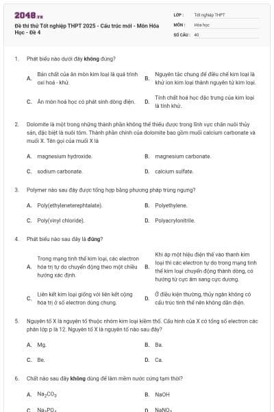 Đề thi thử Tốt nghiệp THPT 2025 - Cấu trúc mới - Môn Hóa Học - Đề 4