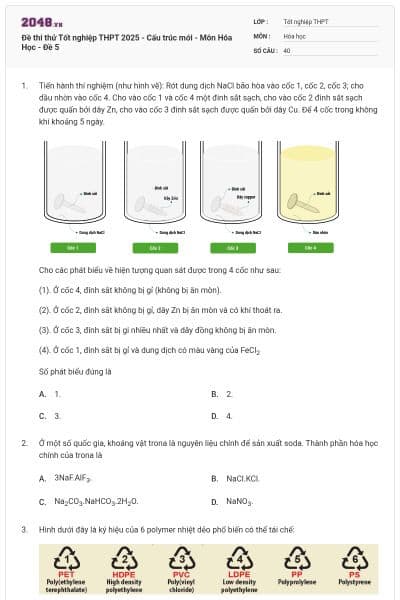 Đề thi thử Tốt nghiệp THPT 2025 - Cấu trúc mới - Môn Hóa Học - Đề 5