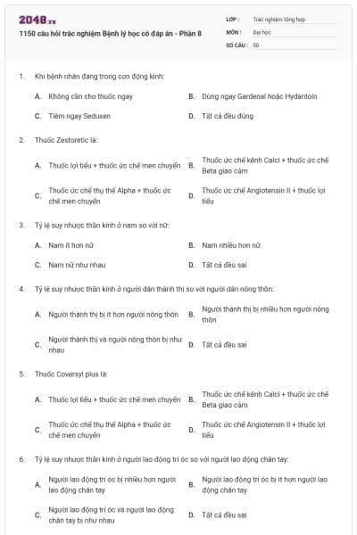 1150 câu hỏi trắc nghiệm Bệnh lý học có đáp án - Phần 8